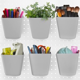 G.CORE Large Pegboard Cups Peg Board Storage Bin 6 Pack with Hooks, Square Box Shape Pegboard Cup Holder Accessories for Garage Workbench/Craft Room/Office/Playroom/Home Kitchen Organization (Grey)