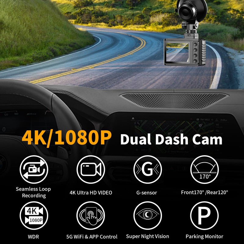 Dash Cam Front and Rear: 4K Dual Channel Dash Cam