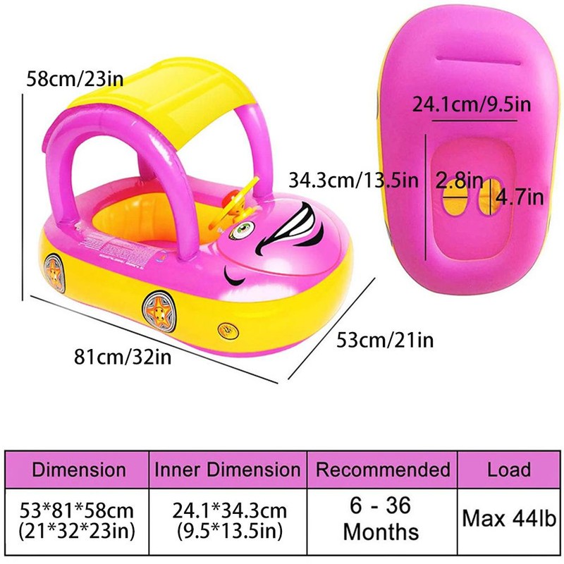 Baby Inflatable Pool Float with Canopy Thick PVC Car Shaped
