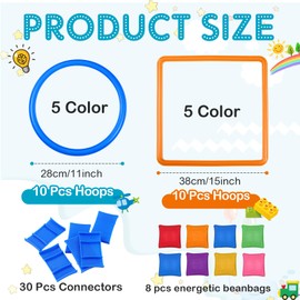 RoundFunny 2 in 1 Hopscotch and Beanbag Toss Kit Include 1 Set Hopscotch Ring Game 1 Hopscotch Squares Set 8 Pcs Beanbags for Indoor Game Outdoor Agility Portable Summer Conditioning Agility Training