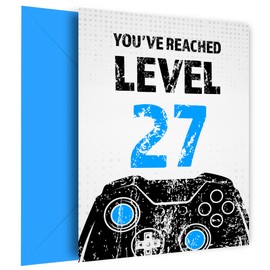 Gamer 27th Birthday Card for Men - Black & Blue Reached Level 27 Bday Card for Son, Grandson, Nephew or Brother. Gaming Happy Birthday Card for 27 Year Old Male