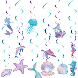 16 Pcs Mermaid Birthday Decorations, Mermaid Party Hanging Swirl Garland Tassel Decoration, Seashells, Starfish, Seahorses, Marine-Themed Birthday Accessories for Girls' Party Decorations