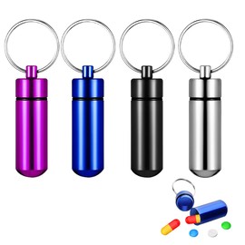 XYTAHDM Pack of 4 Small Pill Box with Key Ring, Mini Aluminium Pill Box, Waterproof Key Ring, Pill Bottle, Portable Waterproof Pill Holder, for Travel, Camping