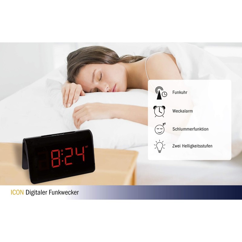 TFA Dostmann ICON 60.2543 Digital Radio-Controlled Alarm Clock, Plastic, Black,