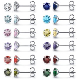 Top Plaza 12 Pairs Stud Earrings Set for Women 316L Surgical Hypoallergenic Stainless Steel Earrings Birthstone CZ Cubic Zirconia Stud Earrings for Women - 3mm