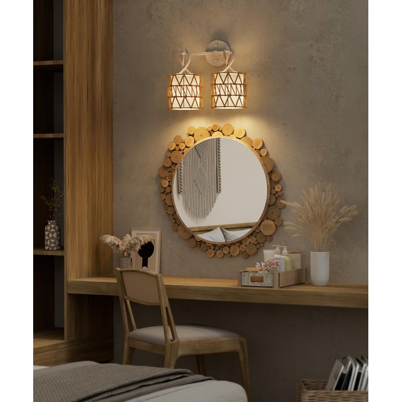 HYMELA N12-3 Two-Lights Boho Rattan Wall Sconce - Vanity Lights