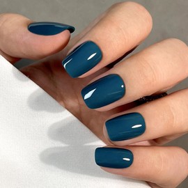 WAFOLOZE Blue Press On Nails - Short Square, Glue On, 16 Sizes - 32Pcs Reusable Soft Gel Artificial False Nails Tips Kit