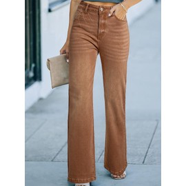 Sidefeel Jeans for Women Trendy 2025 Wide Leg High Waisted Stretchy Casual Fall Straight Leg Denim Pants Brown Size 10