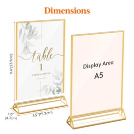 Lifewit 6 Pack A5(14.8 x 21cm) Acrylic Sign Holder with Gold Borders, Clear Vertical Double-sided Stand, Plastic Menu Holders, Table Number Holders Picture Frames for Wedding, Party, Restaurant decor