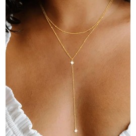 iF YOU Lariat Gold Long Necklaces for Women Trendy, Dainty 14K Gold Plated Drop Chain Necklace, Layered Rosary Beaded Y Necklaces Simple Fashion Jewelry Gifts (Bead CZ layered necklace-GLD)