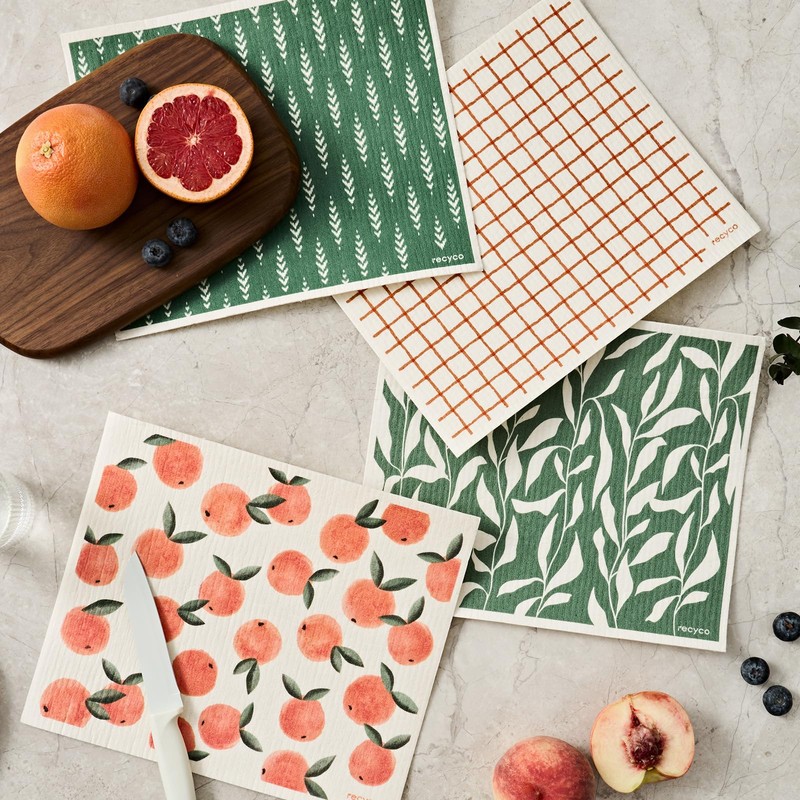 RECYCO Swedish Dishcloths for Kitchen | 4 Pack Peachy Leaves
