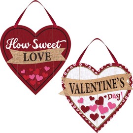 2 Pieces Valentine's Day Wooden Sign Decoration Heart Shape Wall Plaque Valentine's Heart Wall Sign Decoration Red Heart Hanging Sign for Table Window Door Wall Decor