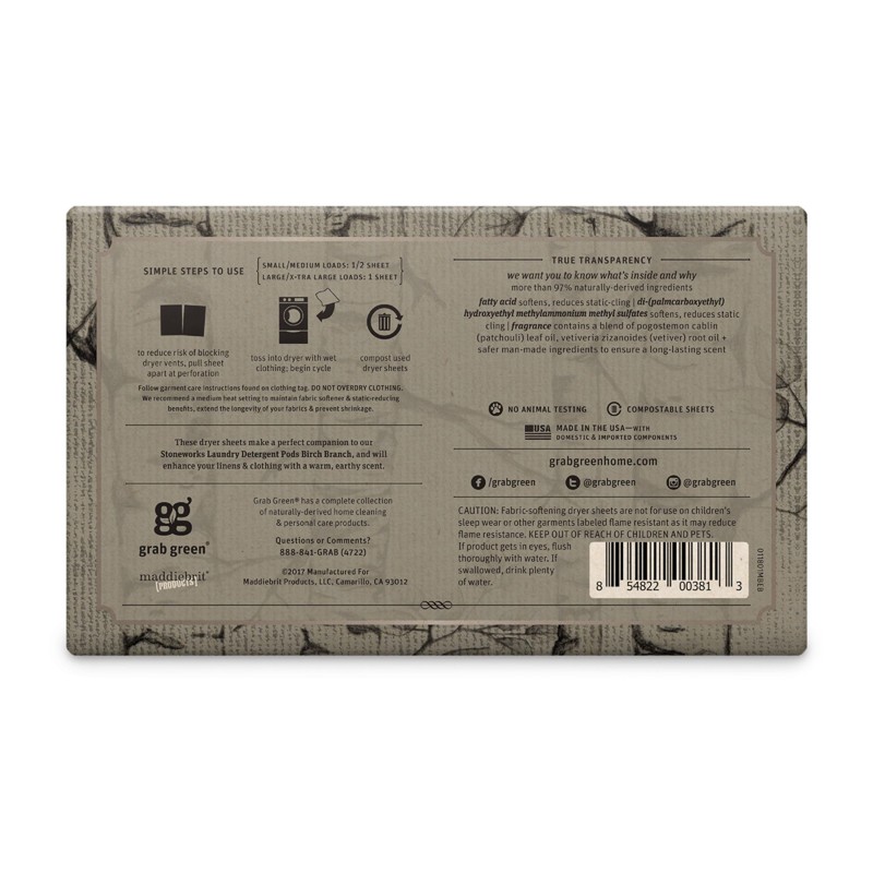 Grab Green Stoneworks Cruelty-Free Dryer Sheets | Softens Fabrics, Freshens