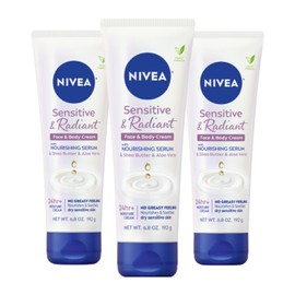 NIVEA Sensitive and Radiant Face and Body Cream for Dry, Sensitive Skin, Vegan Body and Face Moisturizer with Shea Butter and Aloe Vera, 6.8 Oz Tube, Pack of 3