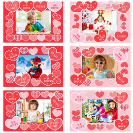 Spakon 12 Pcs Valentines Day Picture Frame Craft Kits for Kids Valentines Day DIY Craft Red Pink Heart Picture Frame with 200 Pieces Stickers for Kids and Fun Classroom Home Activities