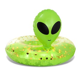 POZA Inflatable Alien Pool Float Tube - Heavy Duty Vinyl UV Resistant Confetti Pool Alien Floatie, Cool Pool Float Swim Ring Pool Inflatables for Kids, Adults for Beach, Party, Vacation - Green Gold