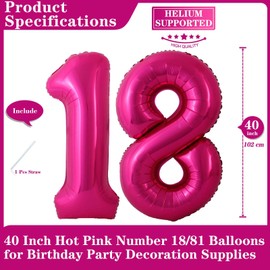 Hot Pink 18 Number Balloons, 40 Inch Giant Number 18 Balloons Foil Mylar Helium Hot Pink Number Balloons for 18th Birthday Party Supplies Anniversary Event Celebration Decorations