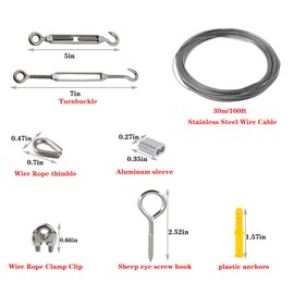 1/16 Wire Rope Kit,Vinyl Coated Aircraft Cable,7x7 Strand Core with Turnbuckles,Crimping Loop Sleeve,Cable Clip Clamp for String Light Hanging,Garden Wire,Clotheslines