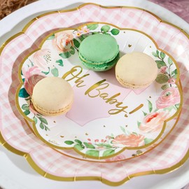 Kate Aspen Baby Shower Onesie Pink Floral & Gingham Tableware Set - 62pc. 16pcs 7 inch & 16pcs 9 inch Heavy Duty Disposable Party Plates, 30pcs 6.5 inch Durable Paper Napkins