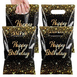 Pasimy 50 Pcs Black and Gold Party Favor Gift Bags Die Cut Plastic Treat Goodie Merchandise with Handle for Birthday Party Wedding Bridal Baby Shower Christmas New Year Gift Supplies (Stylish)
