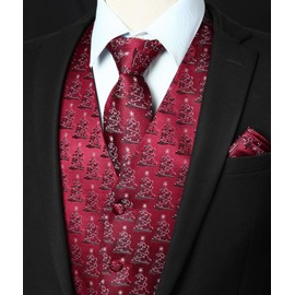 Enlision Men's Christmas tree pattern Waistcoat Festive Happy Waistcoats Necktie Pocket Square Handkerchief Vest Suit Set XS-4XL Burgundy