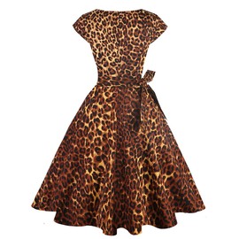 PUKAVT Women's 1950 Boatneck Cap Sleeve Vintage Swing Cocktail Party Dress with Pockets Leopard M