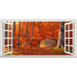 絵画風 壁紙ポスター （はがせるシール式） -窓の景色- ウクライナの木々の紅葉 もみじの森林浴 黄葉 芝 パノラマ 【窓仕様／トリックアート】 キャラクロ KYO-109MS1 （パノラマS版 1152mm×576mm） 建築用壁紙＋耐候性塗料 ＜日本製＞ ウォールステッカー お風呂ポスター