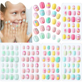 120 piezas de uñas postizas a presión para niños, uñas artificiales para niñas, uñas postizas cortas de cobertura completa para niñas y niños, diseño de uñas decorativas (verano brillante)