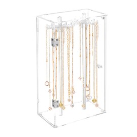 YKUKIZEE Acrylic Necklace Holder Box Dustproof, Clear Acrylic Necklace Display Stand with 24 Hooks, Rotatable Acrylic Necklace Organiser Storage Holder for Long Jewellery Bracelets Earring Pendant