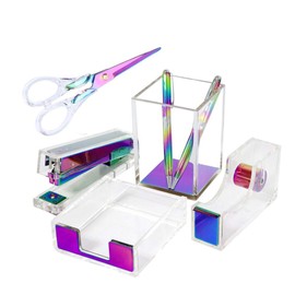 Clear Rainbow Acrylic Office Desk Stapler Scissors, Tape Dispenser, Sticky Notes Holder, Pen Holder Pencil Cup, 5 in 1 Office Supplies Set Desktop Organizer Decor for Women
