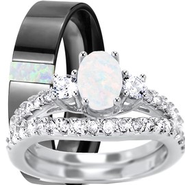 LaRaso & Co His Hers Sterling Silver TRIO Wedding Set White Topaz Opal Gemstone Bridal Rings Him Her 12/7