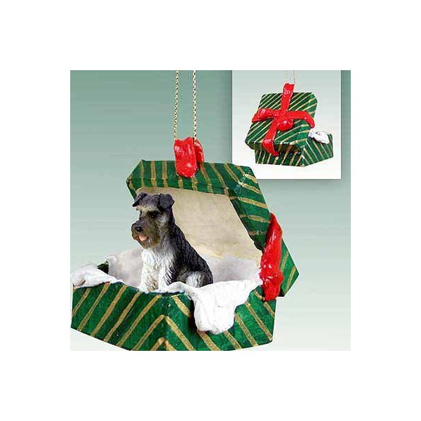 Schnauzer Green Gift Box Dog Ornament - Uncropped - Gray