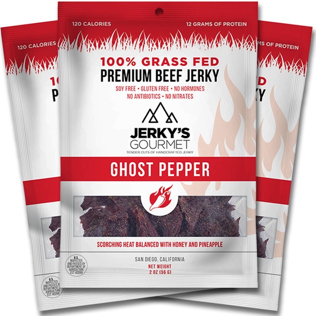Ghost Pepper Spicy Hot Grass Fed Beef Jerky - 120 Calorie Snacks, Gourmet, Healthy, Soy Free, High Protein & Gluten Free (3 Packs)