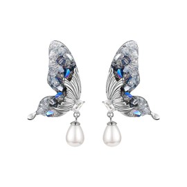 Pendientes de Mujer TREE NEST Aretes de Mujer con Mariposa Perlas,Pendientes Colgante de Perlas Cristal Mariposa Elegantes y Nobles, Joyería Regalo Ideal para Mujer,Azul