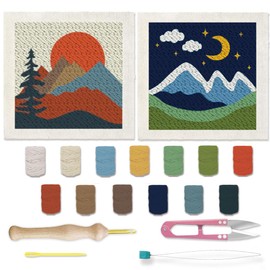 BEUNITONE 2 Sets Camping Punch Needle Kit for Beginners Scenery Theme Punch Embroidery Kits with Frame Instructions Embroidery Starter Kits with Art Night Pattern for Wall Painting 9.4'' x 9.4''