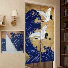 LIGICKY Japanese Style Thick Noren Long Curtain, Double Sided Print Door Curtain, Room Divider, Tapestry for Home Textiles, 85 x 150 cm, Crowned Crane and Wave
