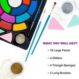 Children's Face and Body Paint Set for Make-Up for Children and Adults, 19 Make-Up Colours (8 Shimmering Colours), 4 Glitter Powders and 2 Brushes and 4 Sponges