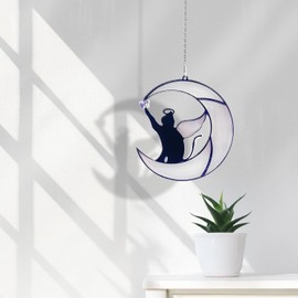 Angel Wings Black Cat On Moon Suncatcher, Black Cat Suncatcher Gifts for Cat Lovers, Cat Memorial Gifts, Loss of Cat Sympathy Gift