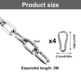 ROSYLEVE Stainless Steel Chain 3 mm 2 m Chain Links Stainless Steel Chains with Carabiner Link Chain Extension Chain Round Steel Chain Sold by the Metre for Dog Chain Swing Chains Anchor Chain Hanging