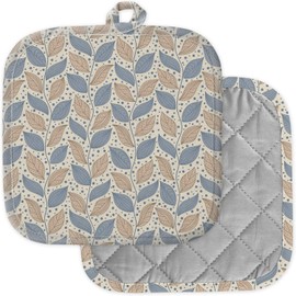 [Pack of 2] Pot Holders for Kitchen, Washable Heat Resistant Pot Holders, Hot Pads, Trivet for Cooking and Baking (Beige Blue Leaf)