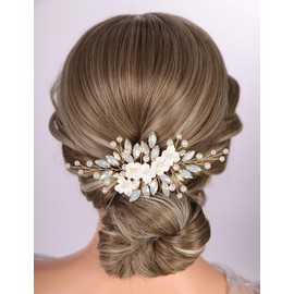 Teyglen Floral Flower Hair Comb Silver Rhinestone Pearl Wedding Hair Comb Bridal Headpiece Crystal Hair Piece Flower Hair Accessories for Women (Gold-Opal)