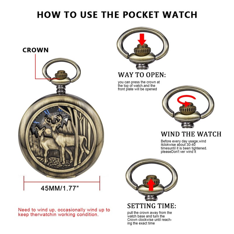 Double Opening Case Bronze Mechanical Pocket Watch Deer Hollow Case,