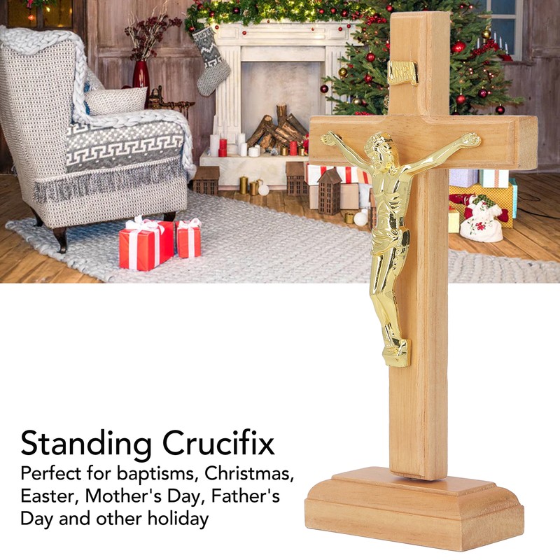 Crucifix Table Cross Hand Crafted Light Brown Durable Beech Metal