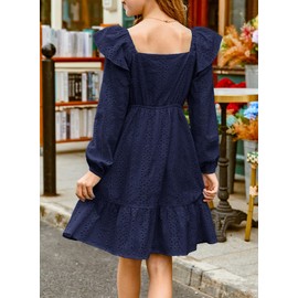 DOKOTOO KIDS Girls Fall Dress 2025 Cotton Eyelet Long Sleeve Dresses Girl Floral Spring Tiered A-line Flowy Birthday Party Boho Dress Cute Christmas Vestidos Niñas Navy Blue 8-9 Years