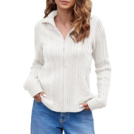 Saodimallsu Womens Cable Knit Cardigan Zip Up Collared Long Sleeve Vintage Sweater Loose Open Front Coats White
