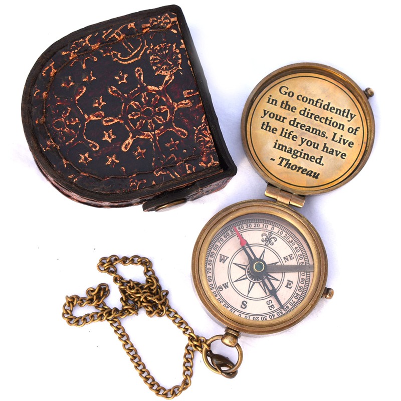 Solid Brass Thoreau's Go Confidently Quote Engraved Compass with Wooden