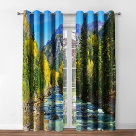Jekeno Forest Tree Blackout Curtains - Swiss Mountains Snowmelt Stream Decor, Clear Blue Sky Nature Theme Grommet Window Drapes for Bedroom Living Room, 42 Wide 54 Long inches, 2 Panel Set