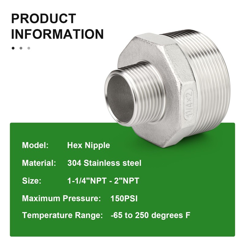TAISHER 2PCS Cast 304 Stainless Steel Hex Nipple, Reducer Pipe