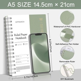 EMSHOI A5 Notebook College Ruled, Spiral Notepad 150 Sheets/300 Pages, 100gsm, PVC Cover, Sticky Notes, Pocket, Pen Loop, Ruler, Bookmark, Lined Journal for Writing, 14.5 x 21cm, Sage Green