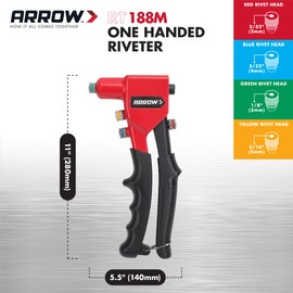 Arrow RT188M One-Handed Pop Rivet Gun, Manual Riveter for Metal, Fabric, Leather, and Auto Repair, Uses 3/32 Inch, 1/8 Inch, 5/32 Inch, 3/16 Inch Blind Rivets